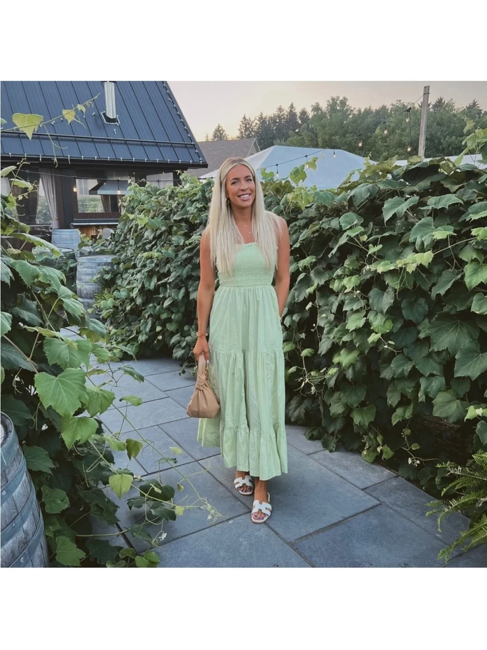 Abercrombie & Fitch Smocked Maxi Dress with Ruffle Straps Square Neck Green